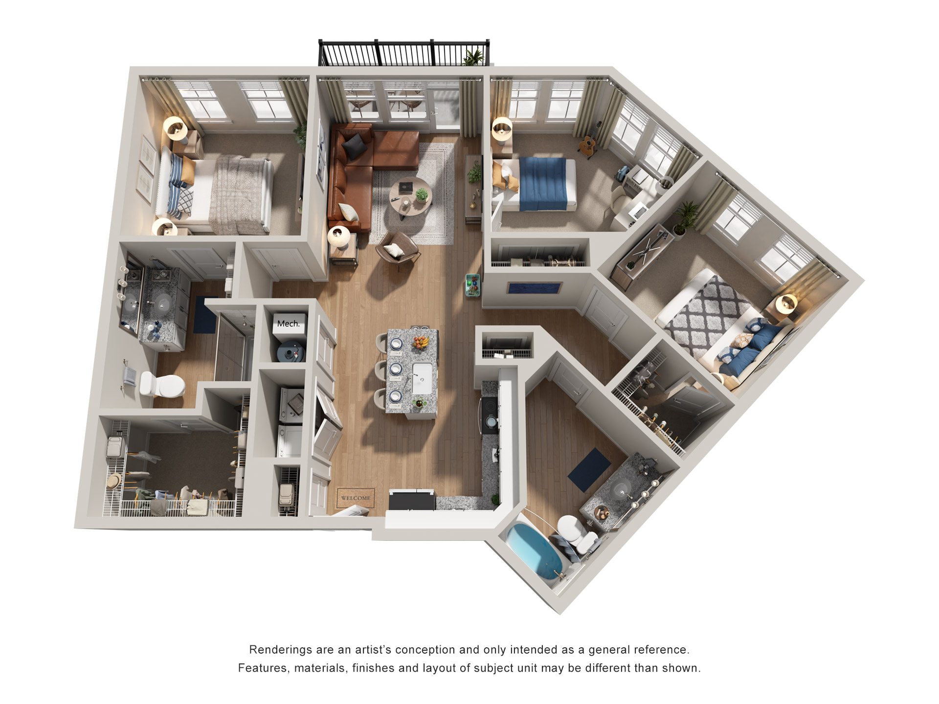 Floor plan for 3 beds, 2 baths, 1340 sqft
